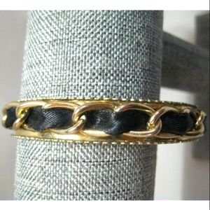 Bangle Bracelet With Black Ribbon Lace Threw Out Gold Tone Chain Links
